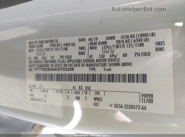 1FT7W2B66KEF03208 2019 FORD F-250 White Engine compartment view