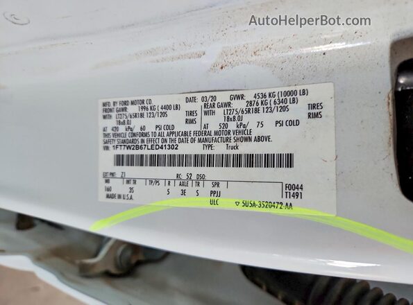 1FT7W2B67LED41302 2020 FORD F250 White Vista del compartimento del motor