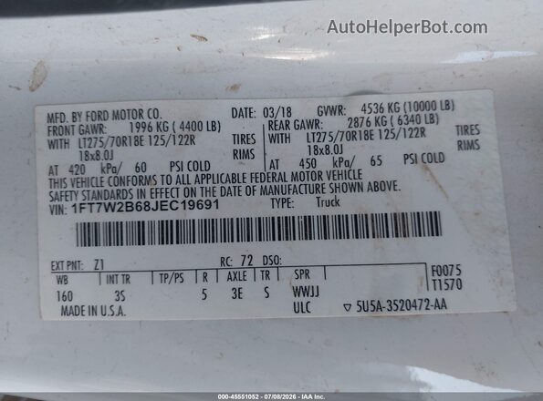 1FT7W2B68JEC19691 2018 FORD F-250 White Vista del compartimento del motor