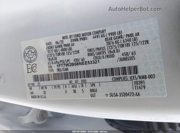 1FT7W2B68NEE53321 2022 FORD F-250 Белый Вид подкапотного пространства