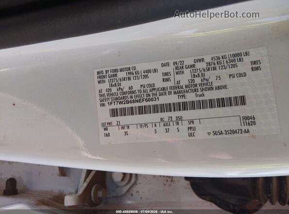 1FT7W2B68NEF60031 2022 FORD F-250 White Widok komory silnika
