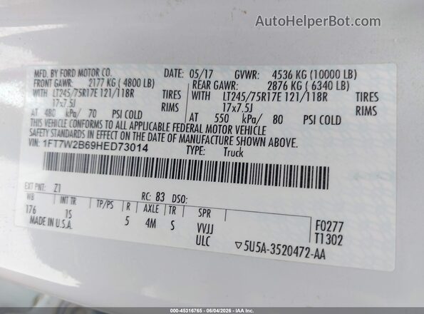 1FT7W2B69HED73014 2017 FORD F-250 White Вид підкапотного простору
