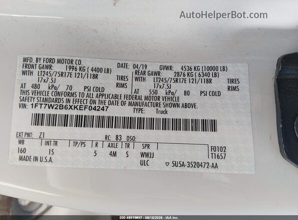 1FT7W2B6XKEF04247 2019 FORD F-250 White Widok komory silnika