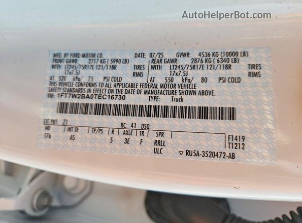 1FT7W2BA0TEC16730 2026 FORD F250 White Vista del compartimento del motor