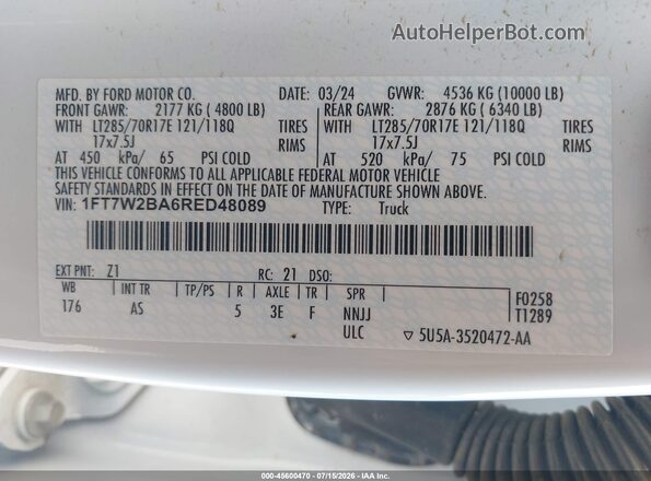 1FT7W2BA6RED48089 2024 FORD F-250 White Vista del compartimento del motor
