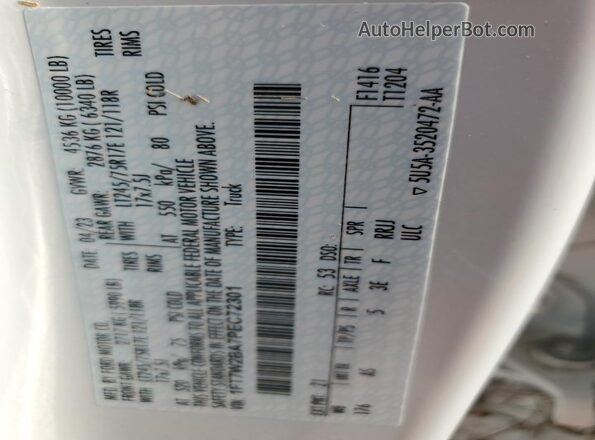 1FT7W2BA7PEC72301 2023 FORD F250 White VIN კოდის სტიკერის ხედი