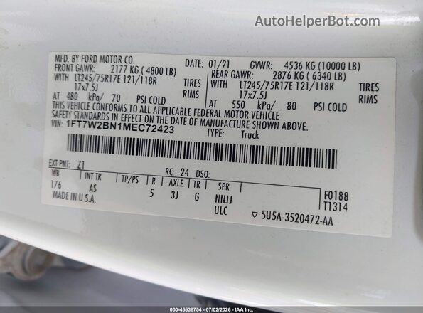 1FT7W2BN1MEC72423 2021 FORD F-250 White Widok komory silnika