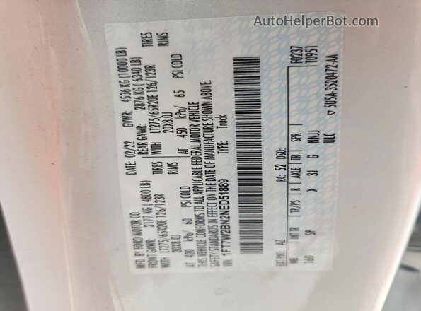 1FT7W2BN2NED51889 2022 FORD F250 Белый Вид наклейки с VIN-кодом
