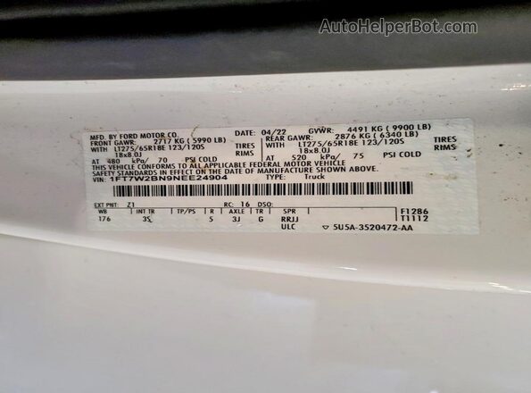 1FT7W2BN9NEE24904 2022 FORD F250 White Вид підкапотного простору