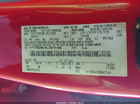 1FT7W2BNXLEE06456 2020 FORD F-250 Red ძრავის განყოფილების ხედი