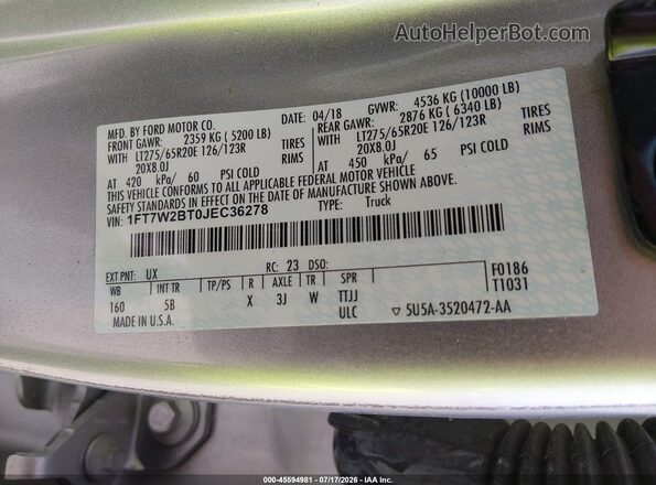 1FT7W2BT0JEC36278 2018 FORD F-250 Silver ძრავის განყოფილების ხედი