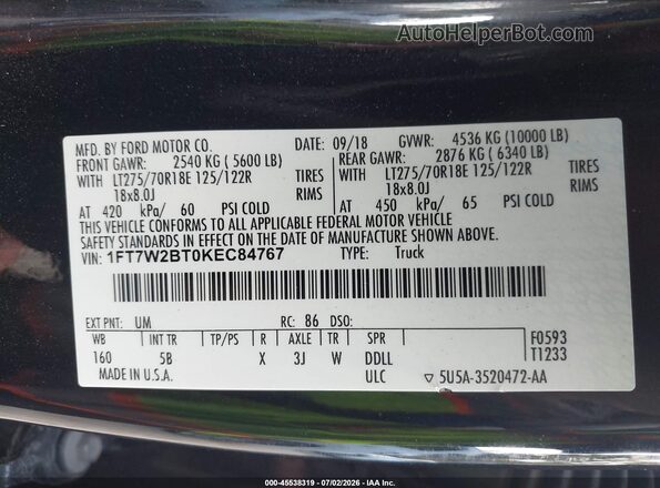 1FT7W2BT0KEC84767 2019 FORD F-250 Black ძრავის განყოფილების ხედი