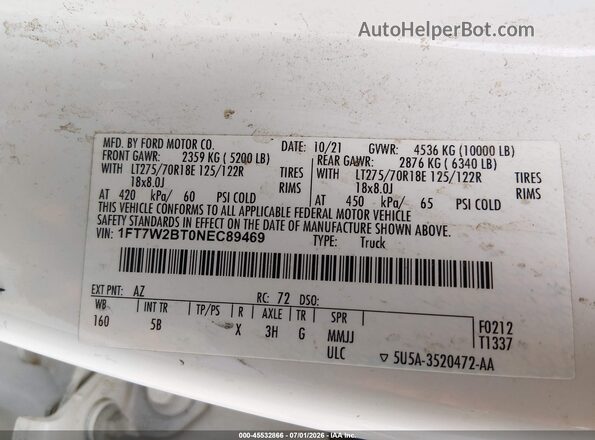 1FT7W2BT0NEC89469 2022 FORD F-250 White ძრავის განყოფილების ხედი