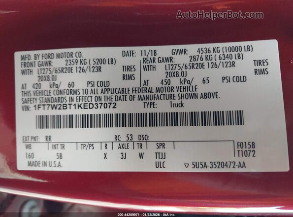 1FT7W2BT1KED37072 2019 FORD F-250 Red Շարժիչի բաժամունքի տեսք