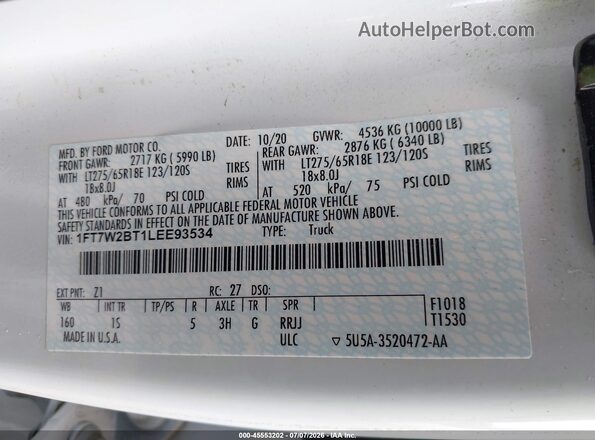 1FT7W2BT1LEE93534 2020 FORD F-250 White Vista del compartimento del motor