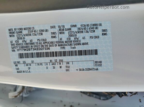 1FT7W2BT3KED27336 2019 FORD F250 White ძრავის განყოფილების ხედი