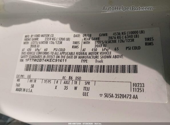 1FT7W2BT4KEC91611 2019 FORD F-250 Белый Вид подкапотного пространства
