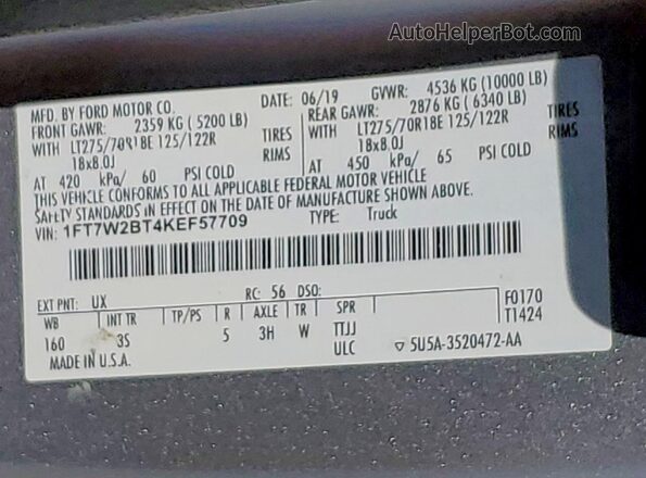 1FT7W2BT4KEF57709 2019 FORD F250 Silver VIN կոդի պիտակի տեսք