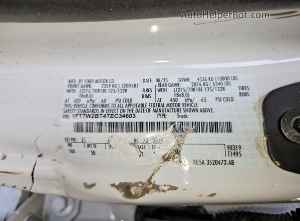 1FT7W2BT4TEC34603 2026 FORD F250 White Вид наклейки з VIN-кодом