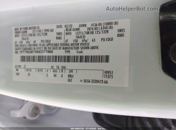 1FT7W2BT5NED77966 2022 FORD F-250 White Вид підкапотного простору