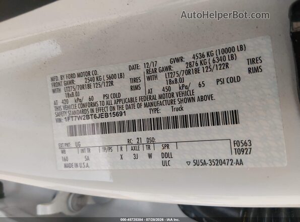 1FT7W2BT6JEB15691 2018 FORD F-250 White Vista del compartimento del motor