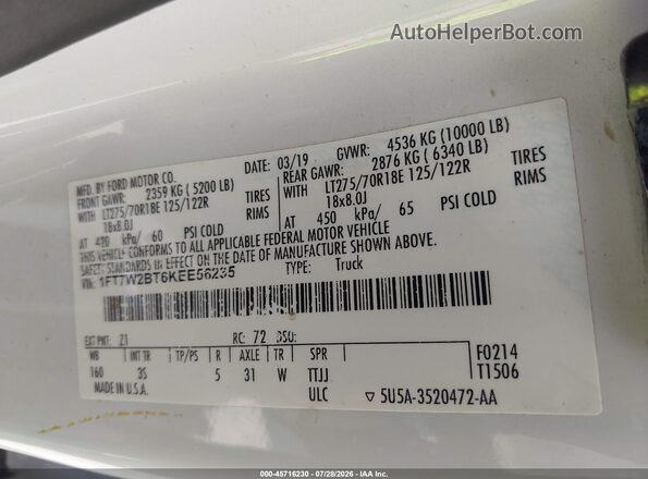 1FT7W2BT6KEE56235 2019 FORD F-250 Белый Вид подкапотного пространства