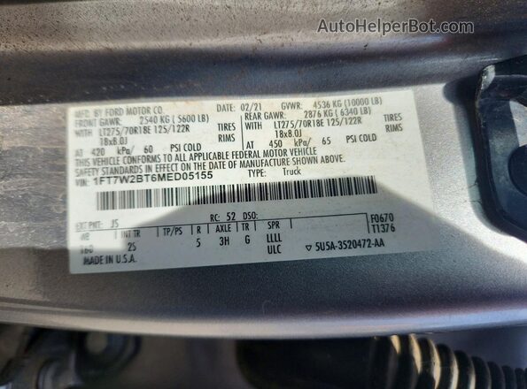1FT7W2BT6MED05155 2021 FORD F250 Silver Շարժիչի բաժամունքի տեսք