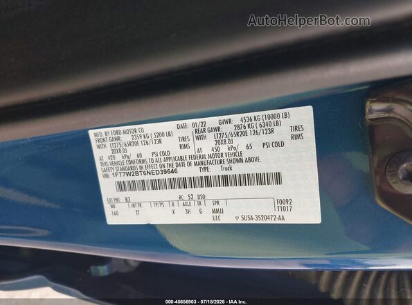 1FT7W2BT6NED39646 2022 FORD F-250 Blue Vista del compartimento del motor