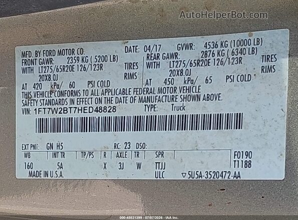 1FT7W2BT7HED48828 2017 FORD F-250 Tan Вид підкапотного простору