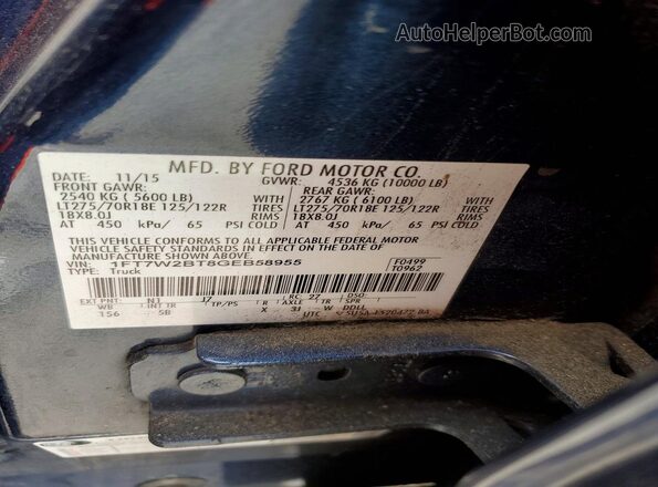 1FT7W2BT8GEB58955 2016 FORD F250 Blue Շարժիչի բաժամունքի տեսք