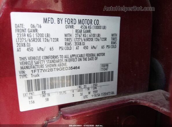 1FT7W2BT9GED35464 2016 FORD F-250 Burgundy Շարժիչի բաժամունքի տեսք