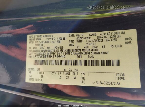 1FT7W2BT9KEF46446 2019 FORD F-250 Черный Вид подкапотного пространства