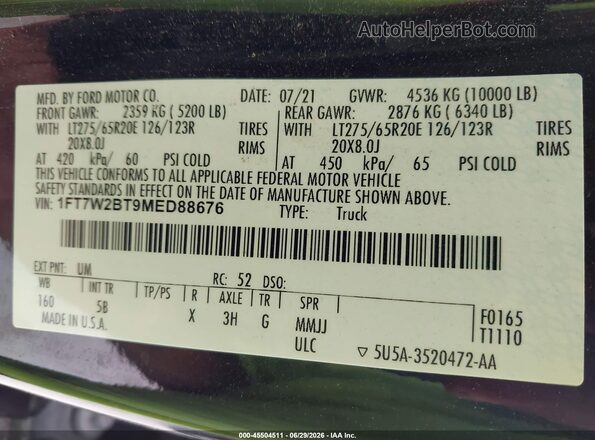 1FT7W2BT9MED88676 2021 FORD F-250 Black Շարժիչի բաժամունքի տեսք