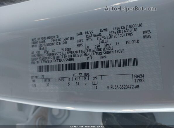1FT7W2BTXTEC72496 2026 FORD F-250 White Engine compartment view
