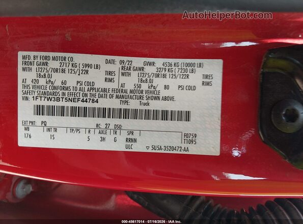 1FT7W3BT5NEF44784 2022 FORD F350 Red Vista del compartimento del motor