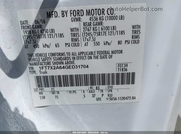 1FT7X2A64GED31704 2016 FORD F-250 White Widok komory silnika