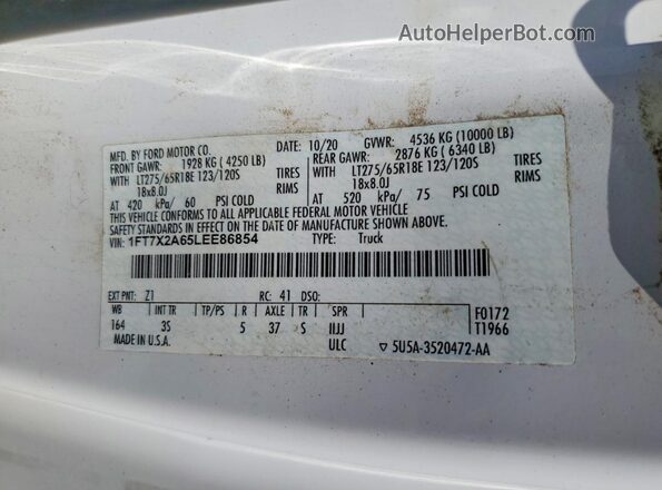 1FT7X2A65LEE86854 2020 FORD F250 White Вид наклейки з VIN-кодом