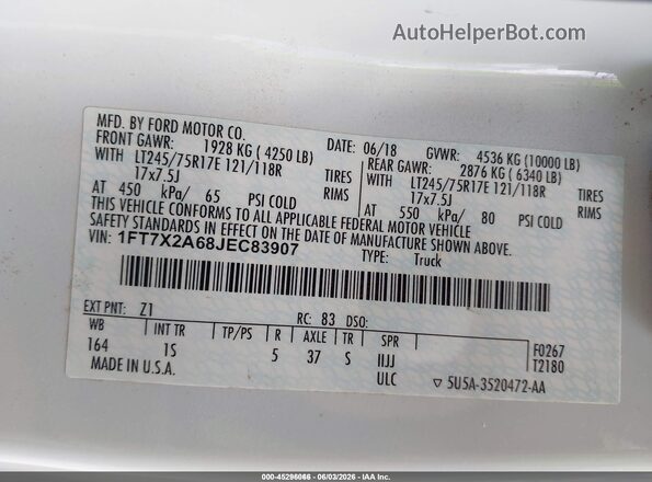 1FT7X2A68JEC83907 2018 FORD F-250 White Вид підкапотного простору