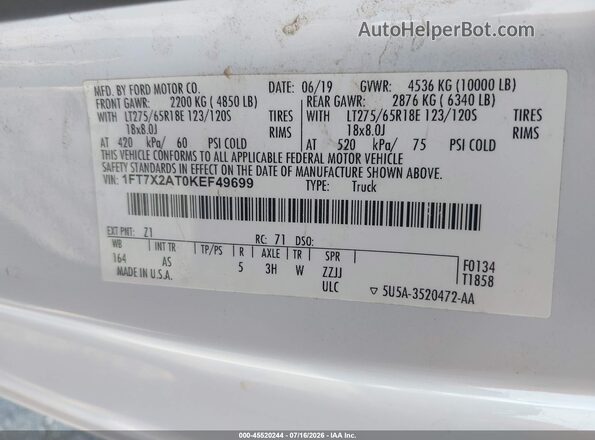 1FT7X2AT0KEF49699 2019 FORD F-250 Белый Вид наклейки с VIN-кодом