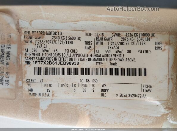 1FT7X2B61JEB98938 2018 FORD F-250 White Engine compartment view