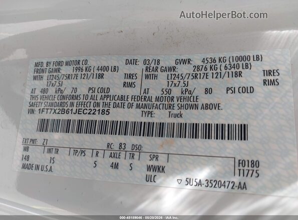 1FT7X2B61JEC22185 2018 FORD F-250 White Вид підкапотного простору