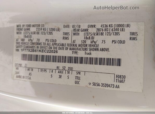 1FT7X2B61KEC22026 2019 FORD F-250 Белый Вид подкапотного пространства