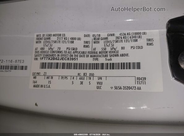 1FT7X2B62JEC83951 2018 FORD F-250 White Շարժիչի բաժամունքի տեսք