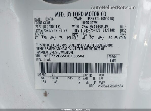 1FT7X2B65GEC58504 2016 FORD F-250 White Vista del compartimento del motor
