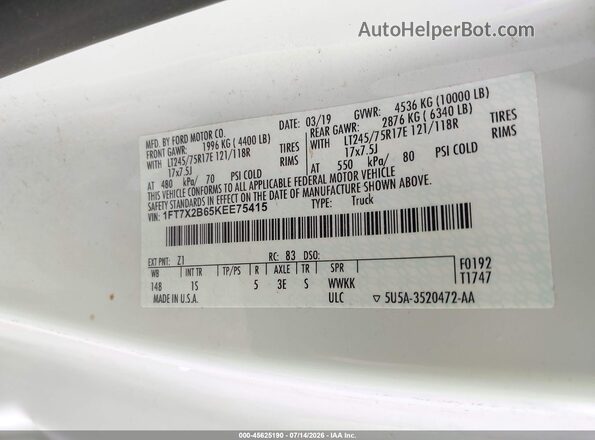 1FT7X2B65KEE75415 2019 FORD F-250 White Vista del compartimento del motor