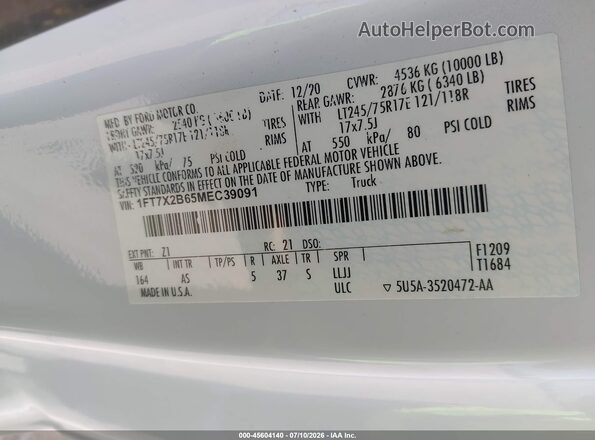 1FT7X2B65MEC39091 2021 FORD F-250 White ძრავის განყოფილების ხედი