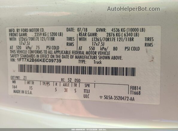 1FT7X2B66KEC09739 2019 FORD F-250 White Շարժիչի բաժամունքի տեսք