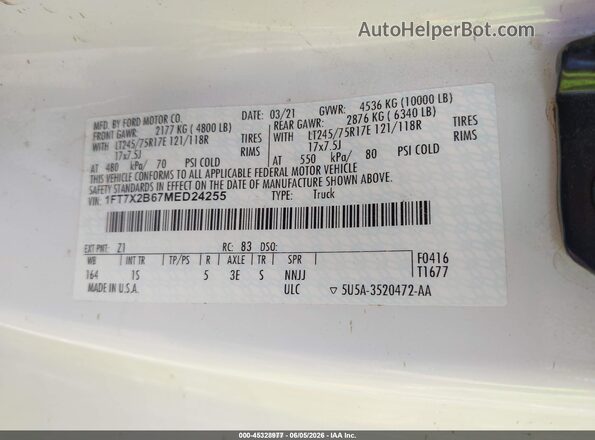 1FT7X2B67MED24255 2021 FORD F-250 White Widok komory silnika