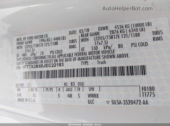 1FT7X2B68JEC22183 2018 FORD F-250 White Vista del compartimento del motor