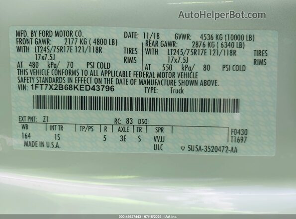1FT7X2B68KED43796 2019 FORD F-250 White Շարժիչի բաժամունքի տեսք